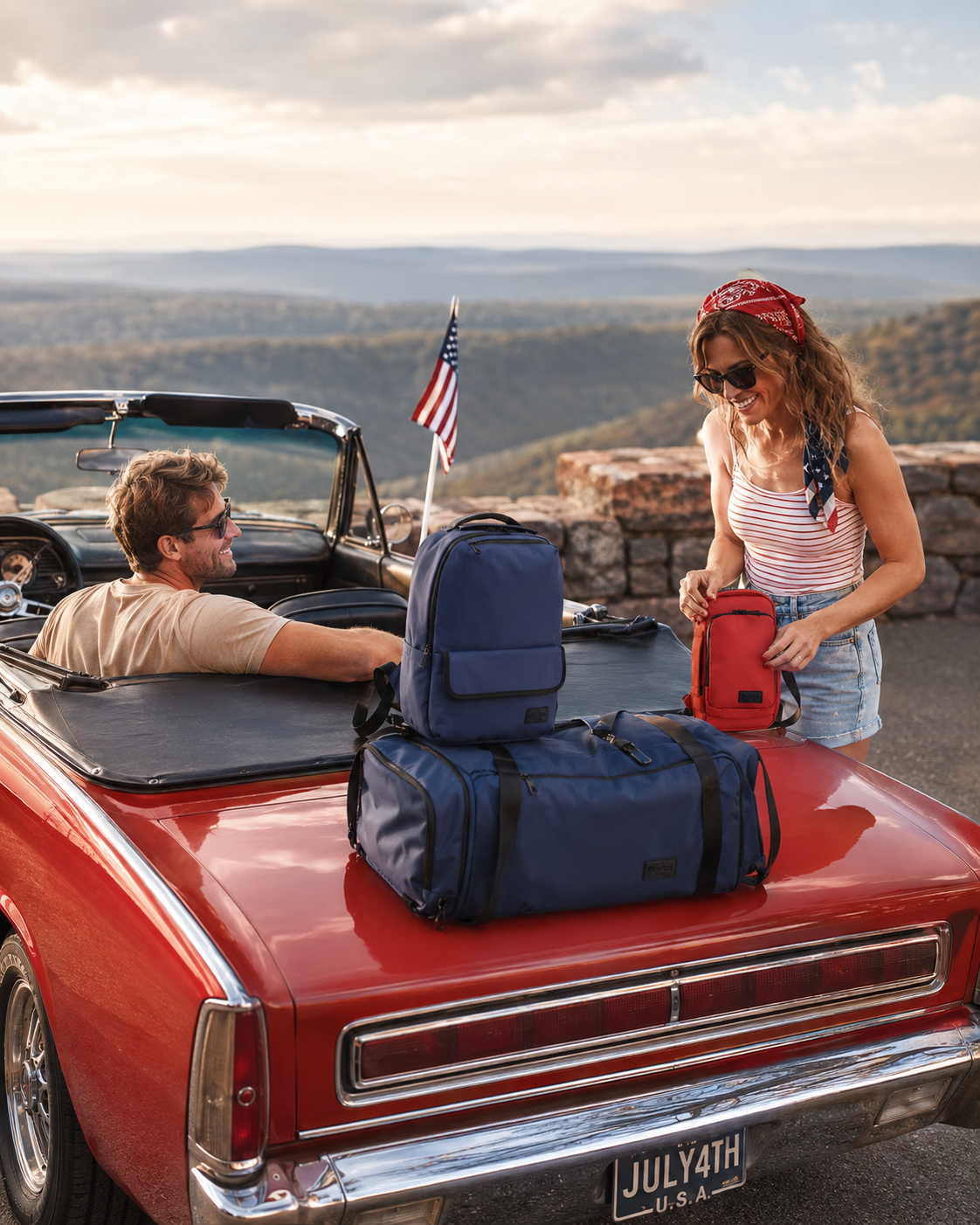 FireBar Labs duffle packed for a July 4th road trip at sunset