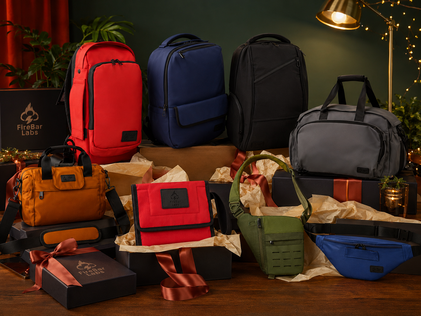 A collection of FireBar Labs bags arranged as a warm Christmas-in-July gift display.