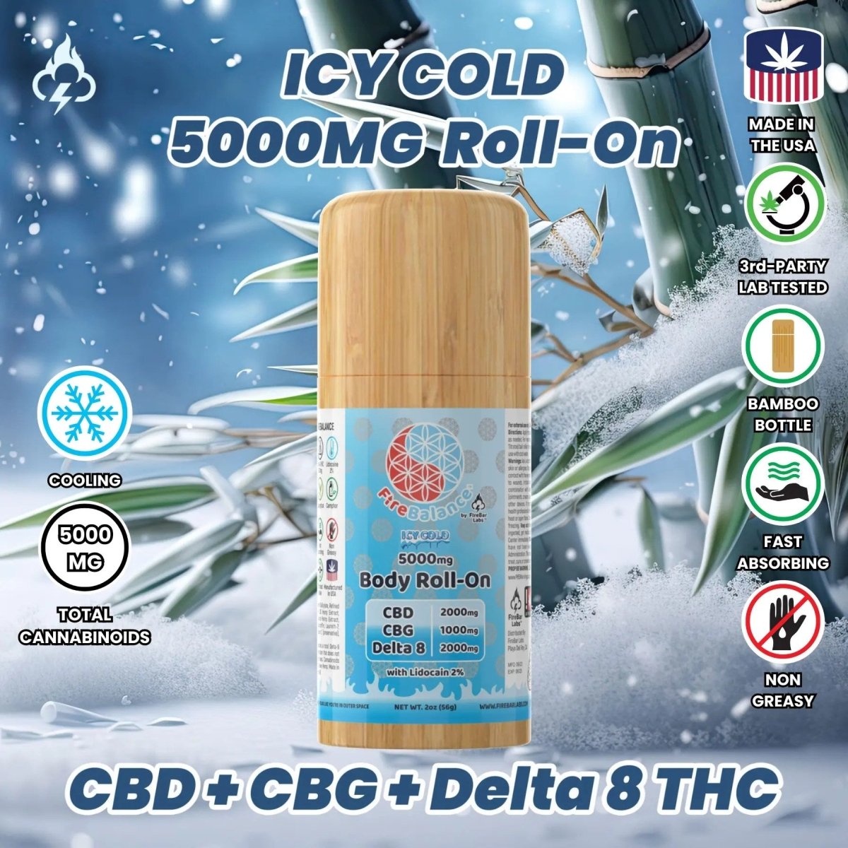 FireBalance High - Potency CBD + CBG + Delta 8 Body Roll - On Collection - FireBar Labs - 5000mg CBD + CBG + DELTA 8 THC Icy Cold