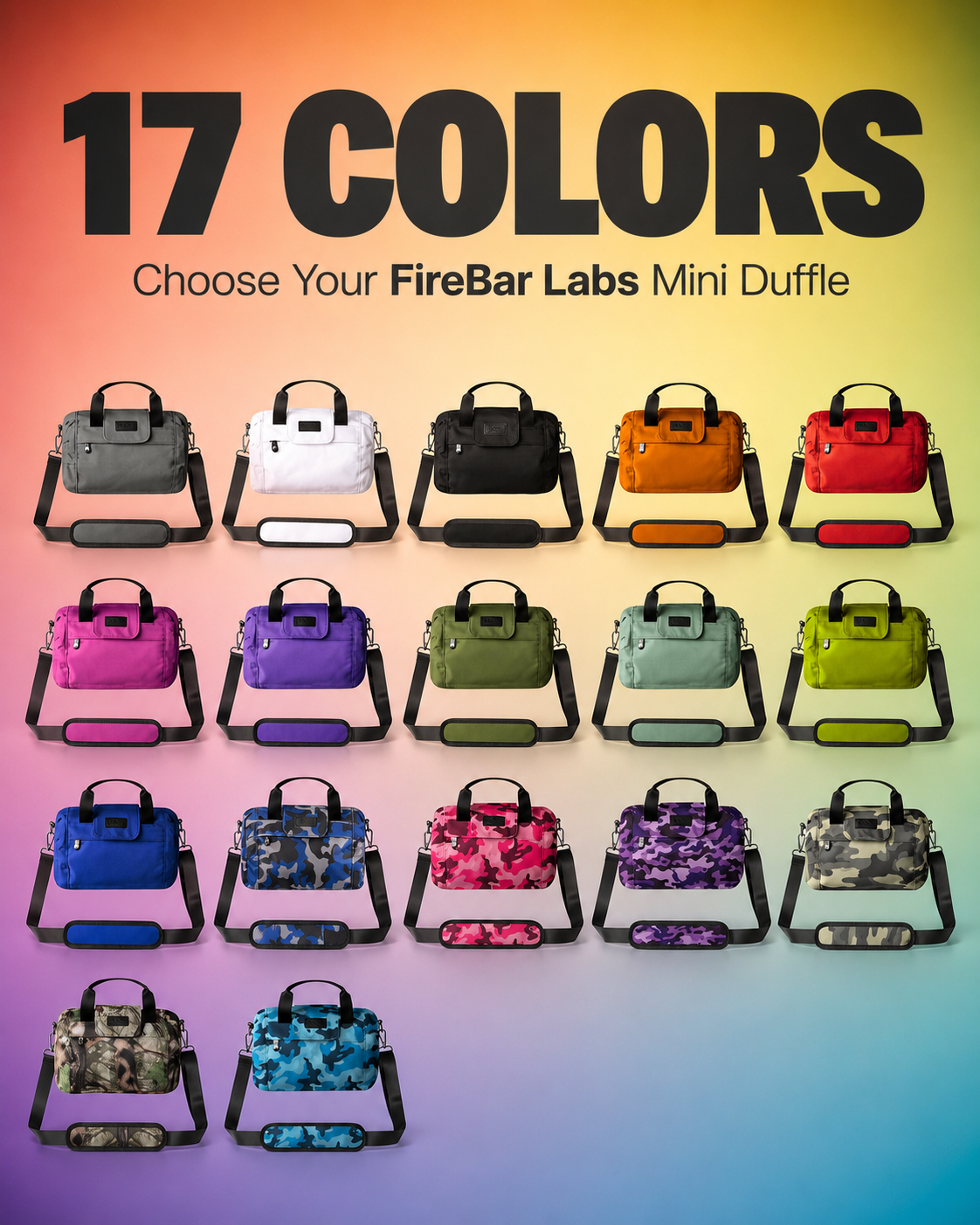 FireBar Labs Mini Duffle Color Lineup — 17 colorful mini duffle bags