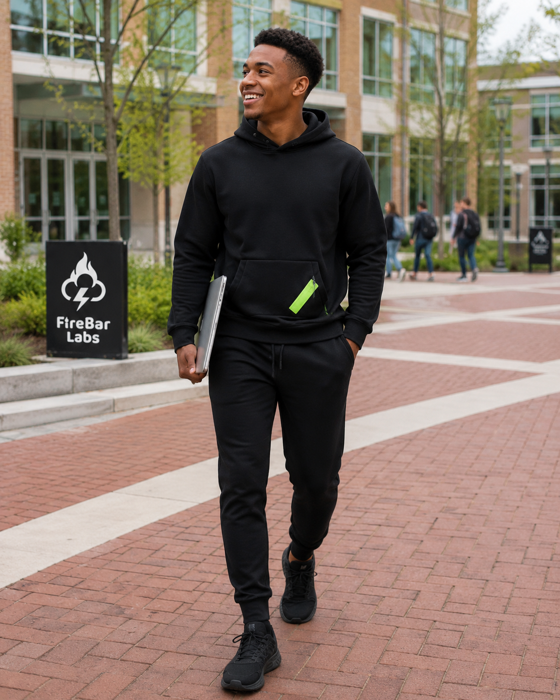 FireBar Labs StealthWear Apparel — Confident stride in campus courtyard