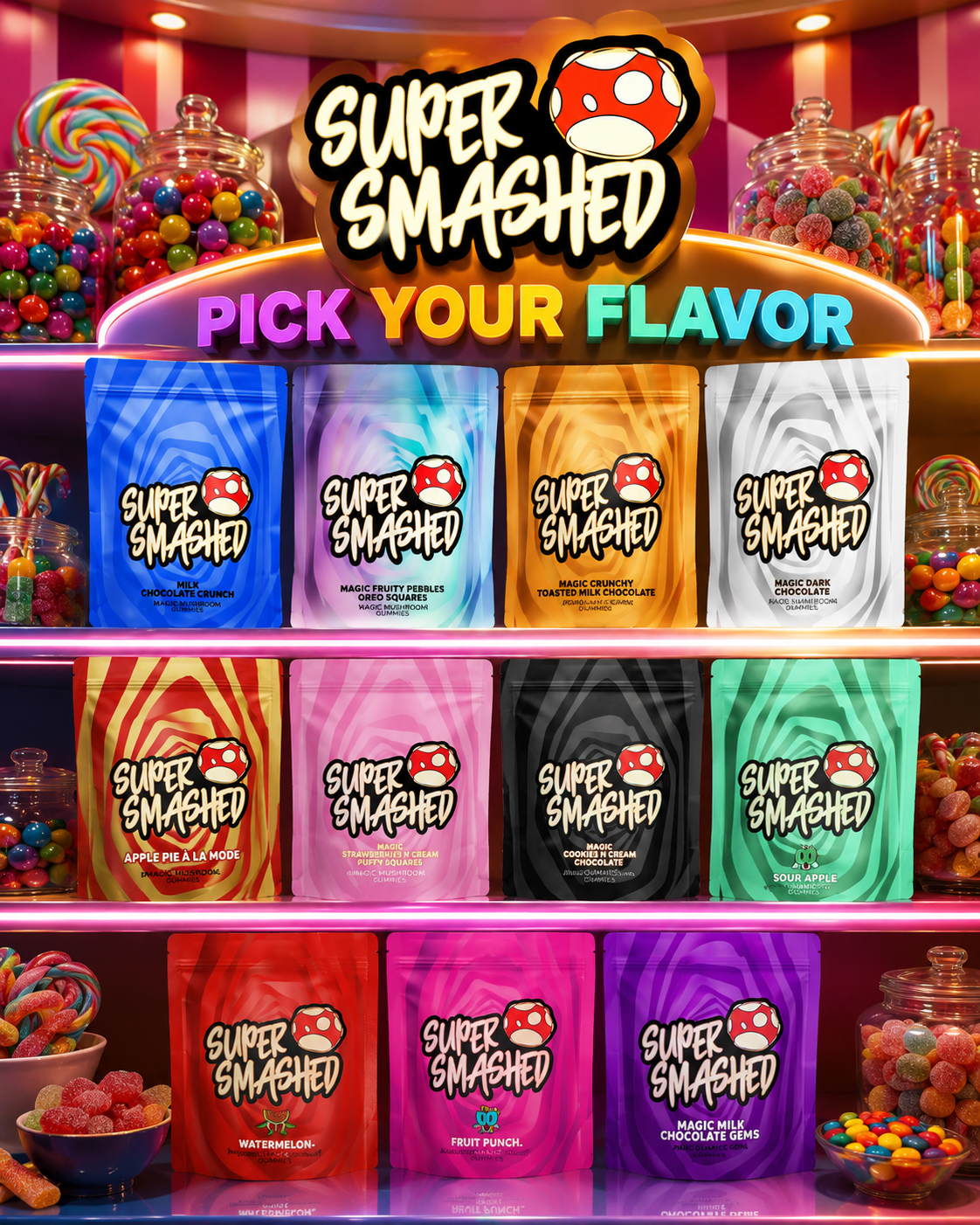 FireBar Labs Super Smashed — Colorful candy pouch display with neon glow