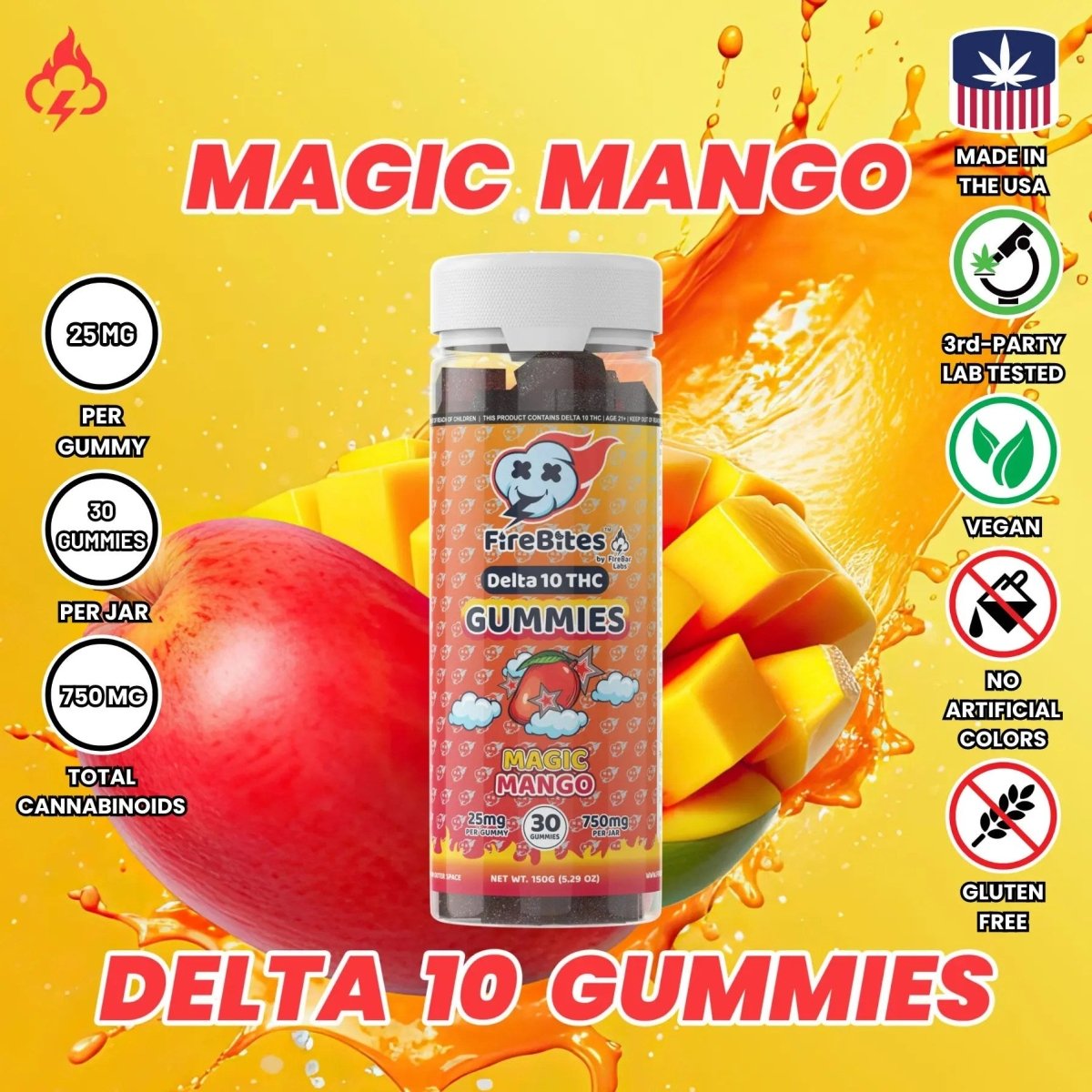 FireBites 25mg Delta 10 THC Gummies - 750mg - FireBar Labs - Mango