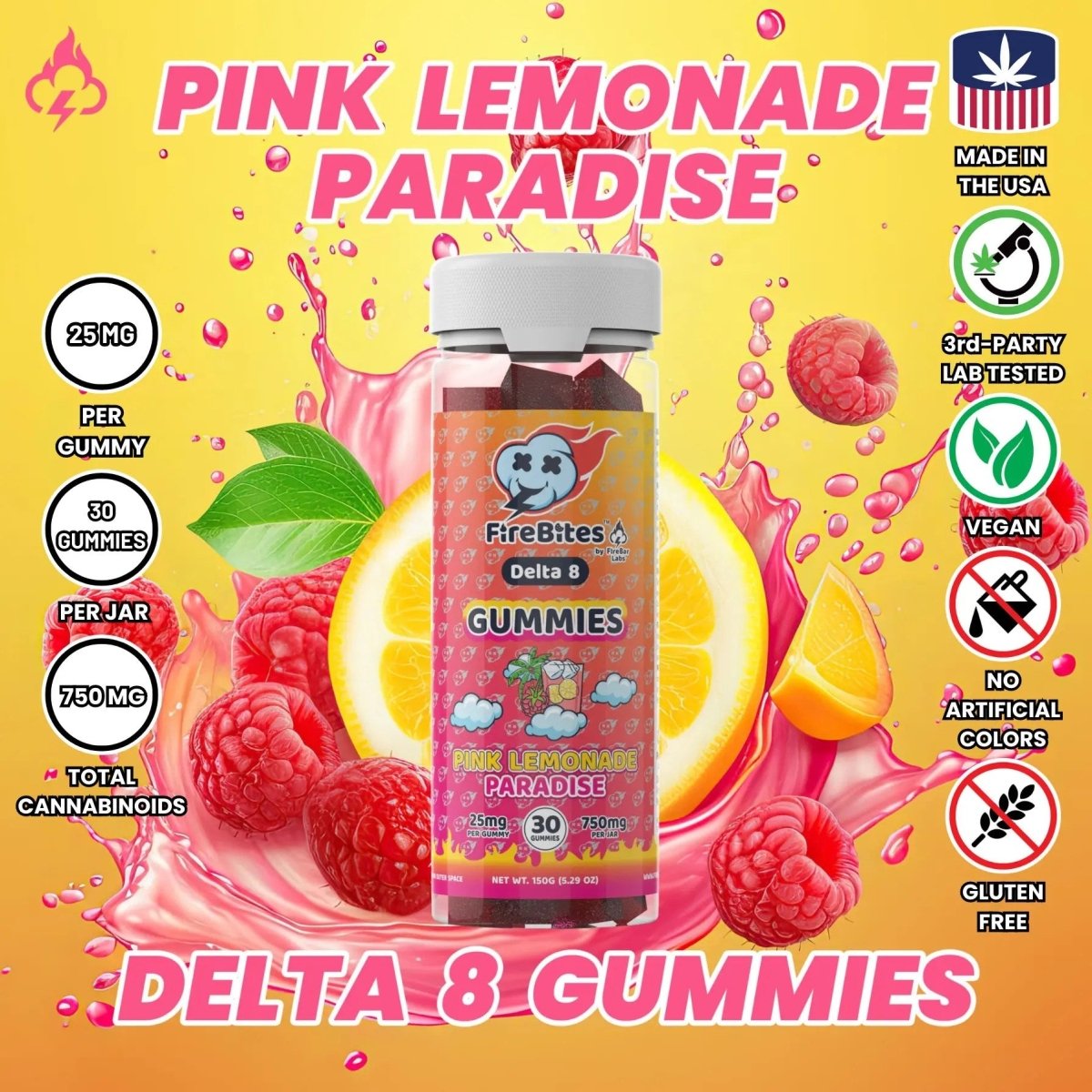 FireBites 25mg Delta 8 All Natural Gummies - 750mg - FireBar Labs - Pink Lemonade