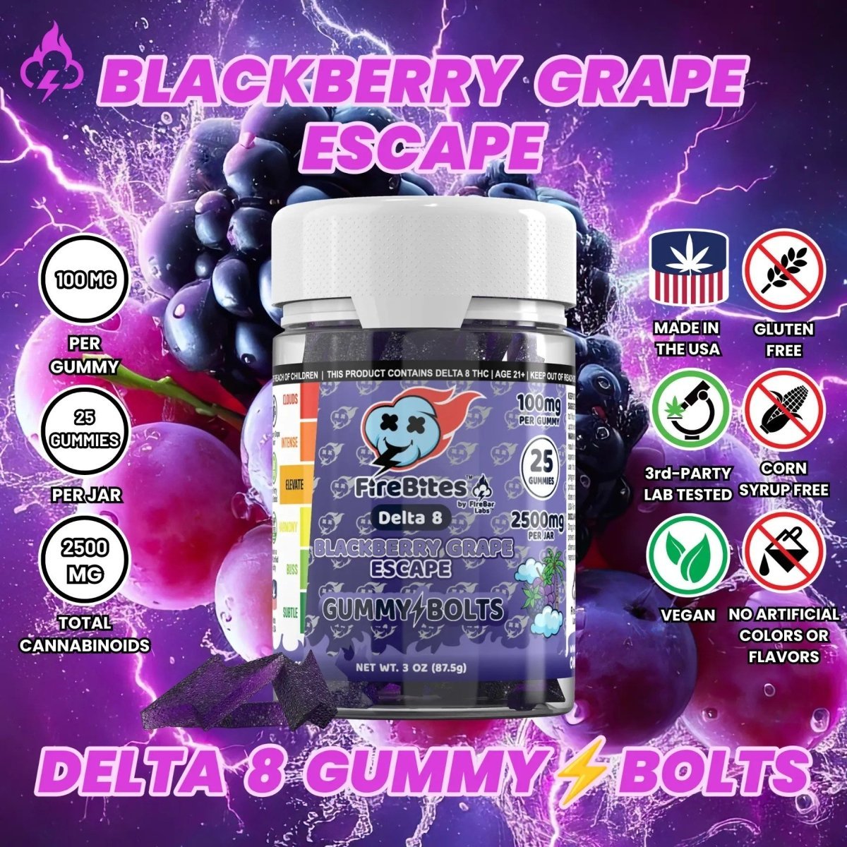 π FireBites Gummy Bolts 100% All - Natural Delta 8 Gummies (100% off) - FireBar Labs - Blackberry Grape Escape