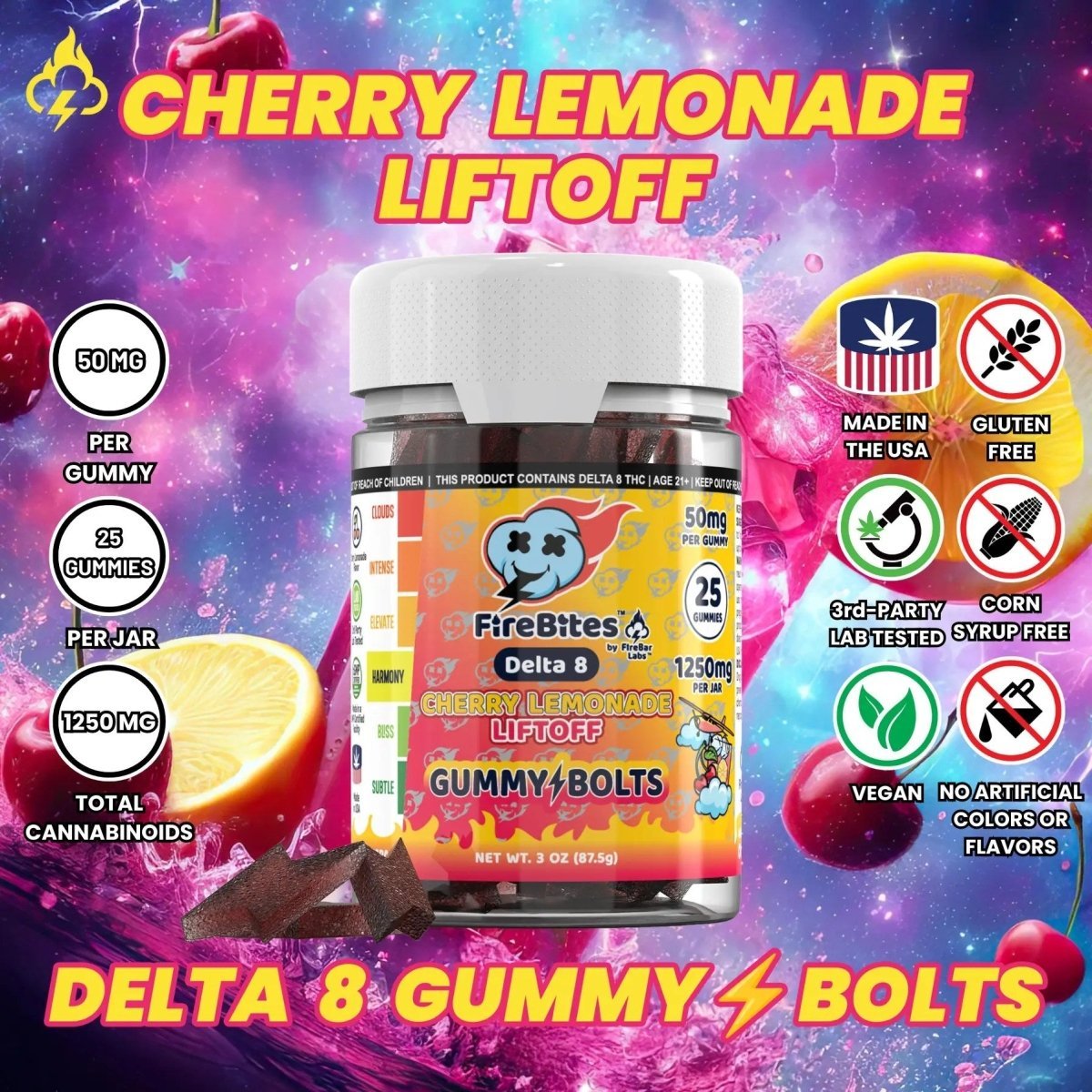 π FireBites Gummy Bolts 100% All - Natural Delta 8 Gummies (100% off) - FireBar Labs - Lemon Cherry Liftoff