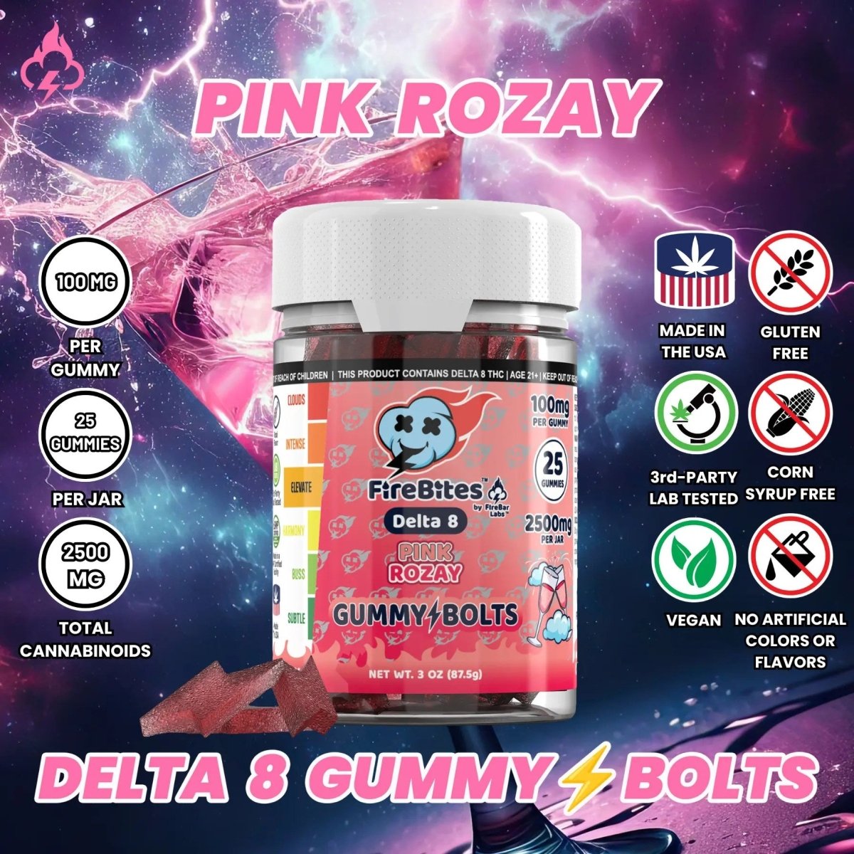 FireBites Gummy Bolts 100% All - Natural THC Gummies - FireBar Labs - Pink Rozay