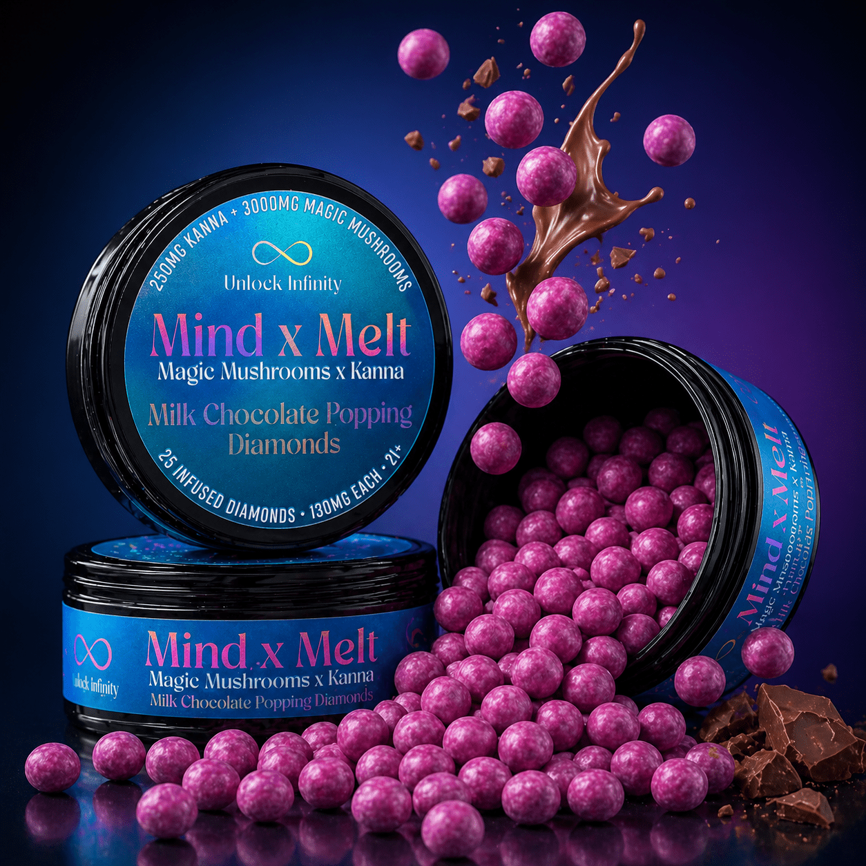 Mind x Melt Milk Chocolate "Popping" Diamonds with 3G Mushroom + 250mg Kanna - FireBar Labs - 25