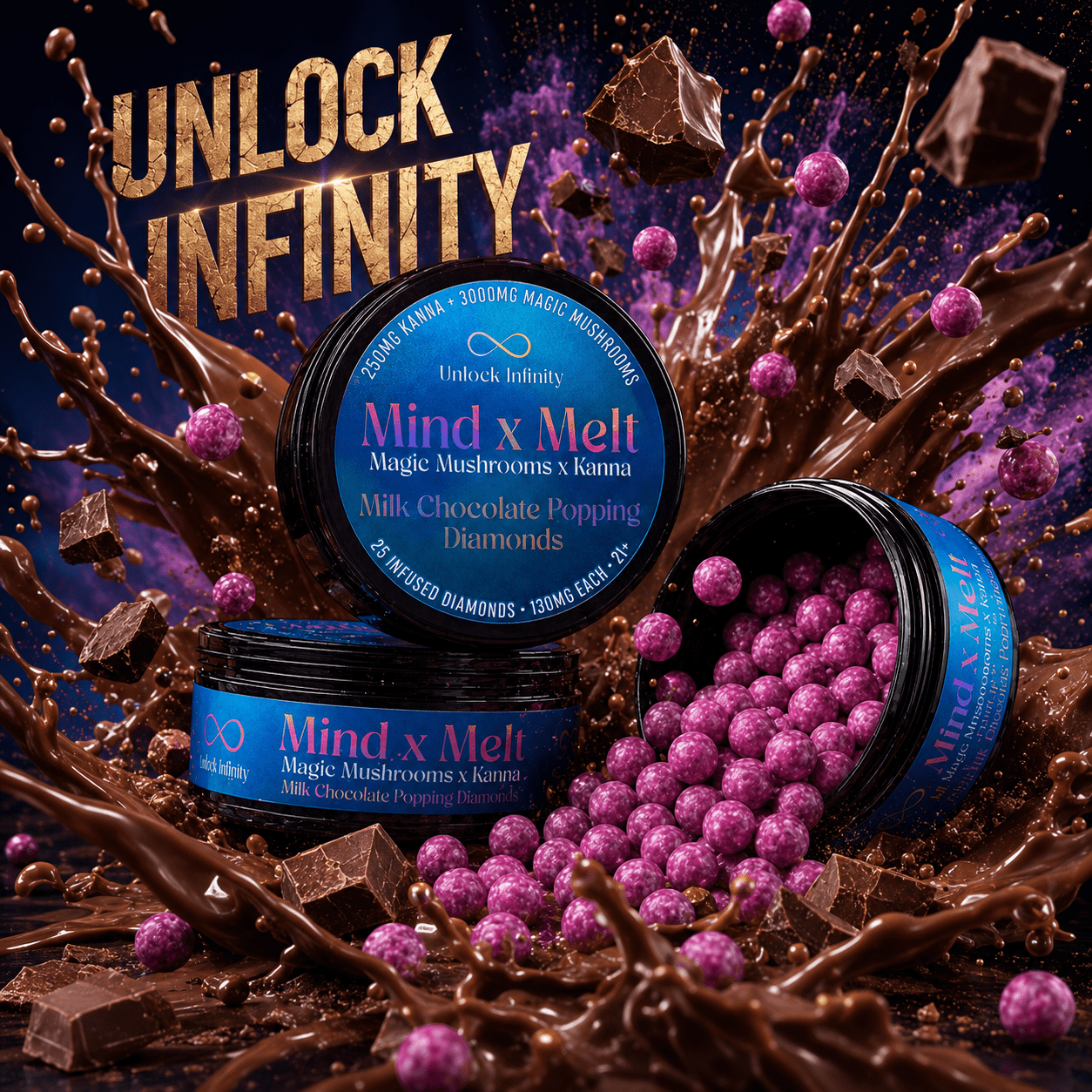 Mind x Melt Milk Chocolate "Popping" Diamonds with 3G Mushroom + 250mg Kanna - FireBar Labs - 10
