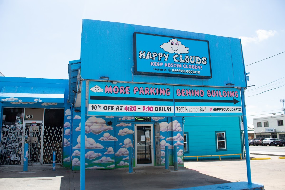 Happy Clouds Smoke Shop storefront in Austin, TX