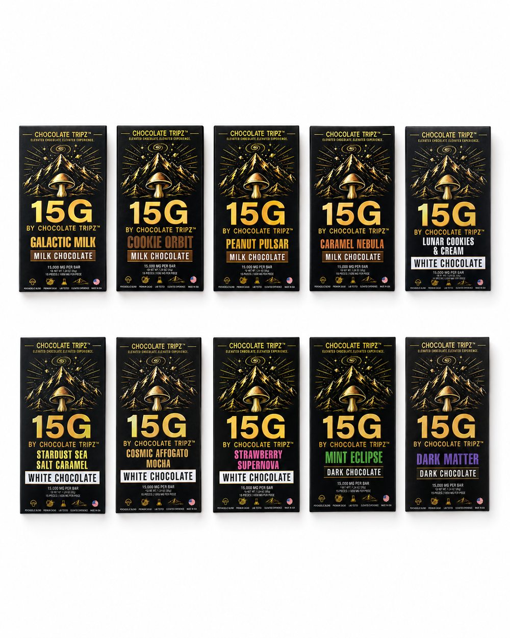 [B2B] 15G by Chocolate Tripz — All 10 Flavors Display (50 Bars) - FireBar Labs -