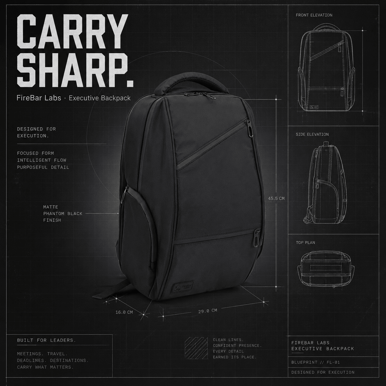 Executive Tech Elite Backpack w/USB-C Fast Charge Port - Smell Proof + Hidden Lock (FireBar Labs × PBAL) - FireBar Labs - Phantom Black