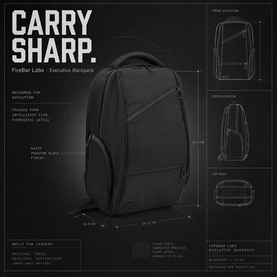 Executive Tech Elite Backpack w/USB-C Fast Charge Port - Smell Proof + Hidden Lock (FireBar Labs × PBAL) - FireBar Labs - Phantom Black