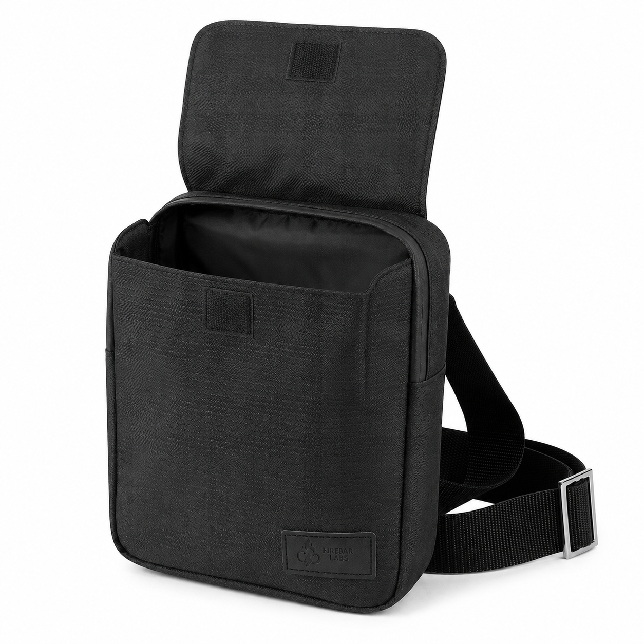 FireBar Labs Essential Messenger Bag — Black crossbody bag on white background