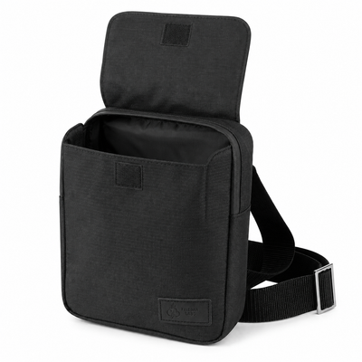 FireBar Labs Essential Messenger Bag — Black crossbody bag on white background