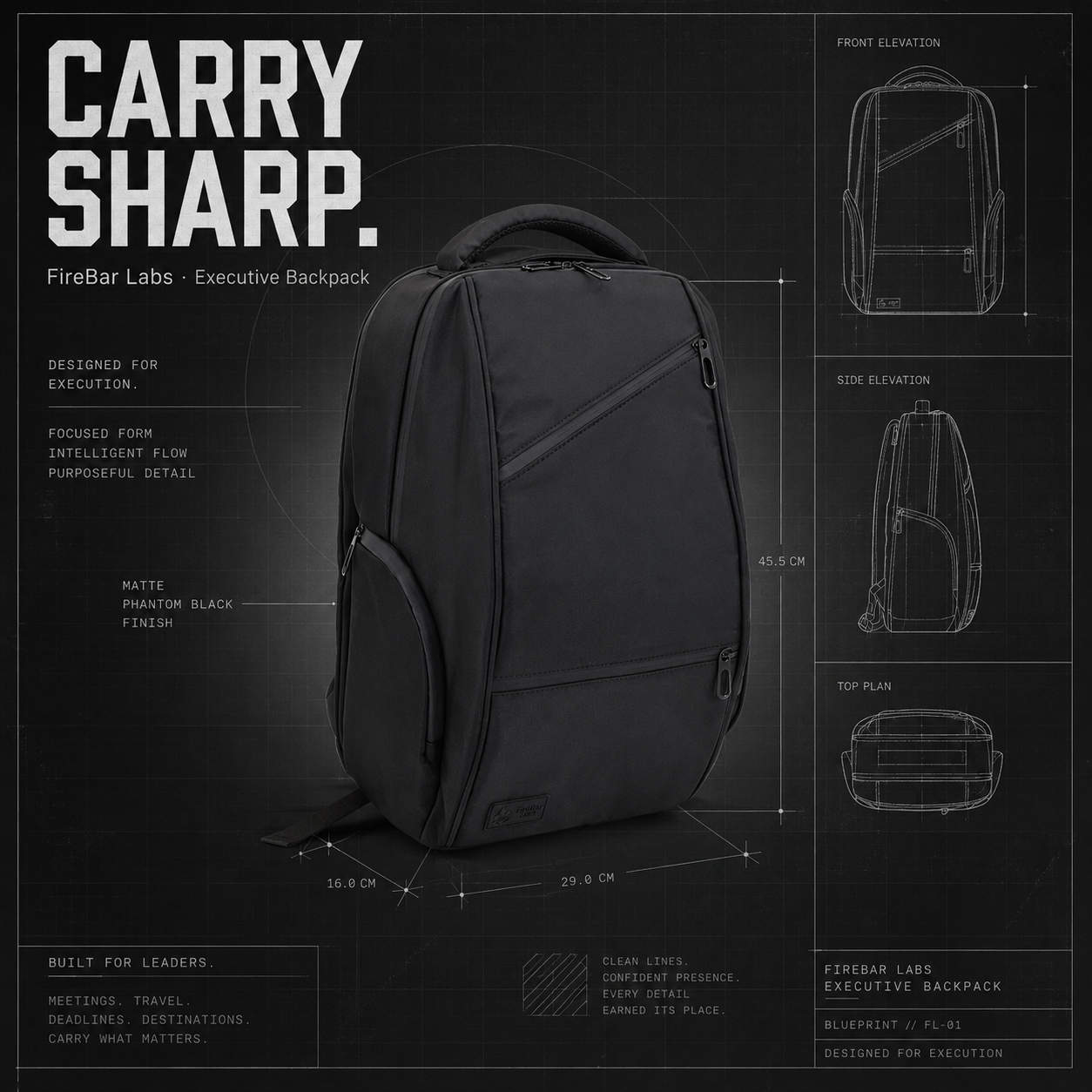 FireBar Labs Executive Backpack — Carry sharp: FireBar Labs blueprint design