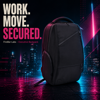 FireBar Labs Executive Backpack — Cyberpunk backpack ad in neon lights