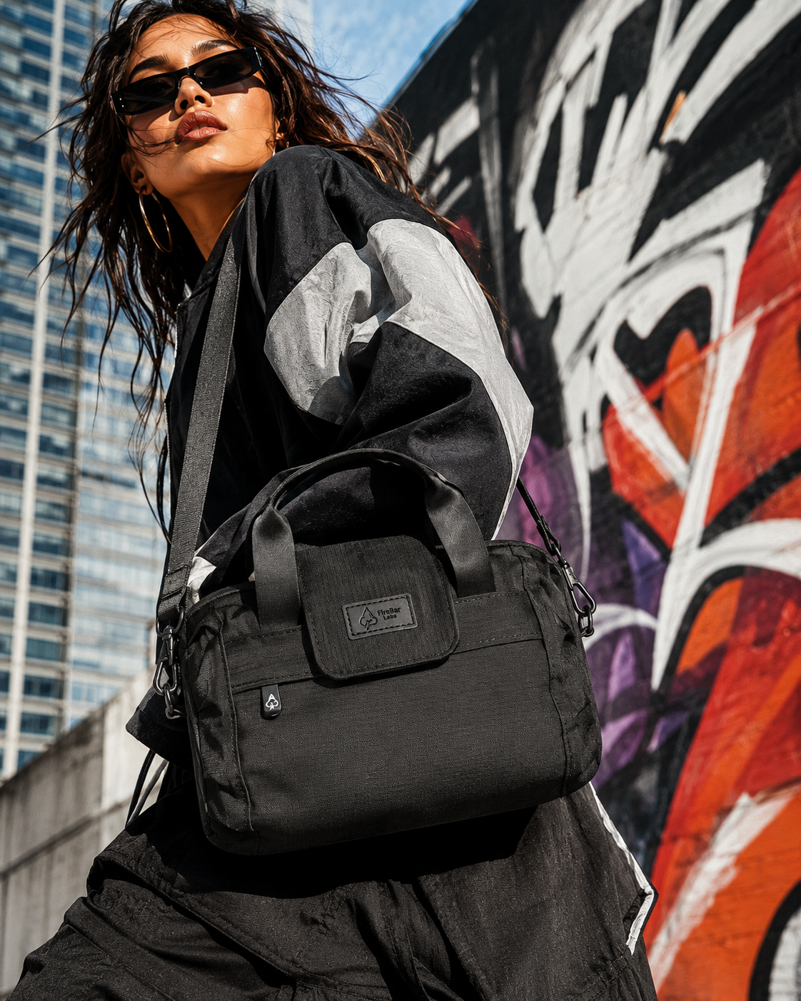 FireBar Labs Mini Duffle — Bold street fashion with urban backdrop