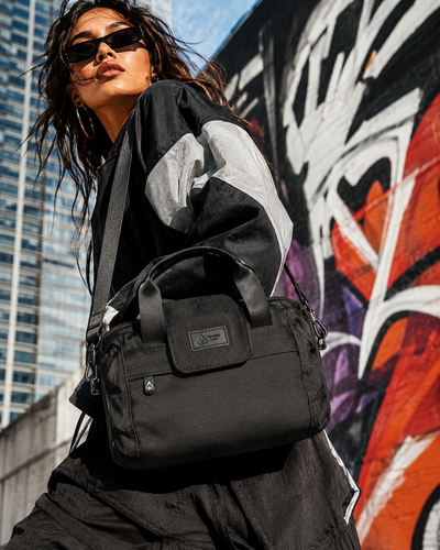 FireBar Labs Mini Duffle — Bold street fashion with urban backdrop
