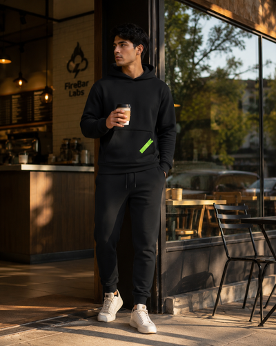 FireBar Labs StealthWear Apparel — Casual coffee break in golden light