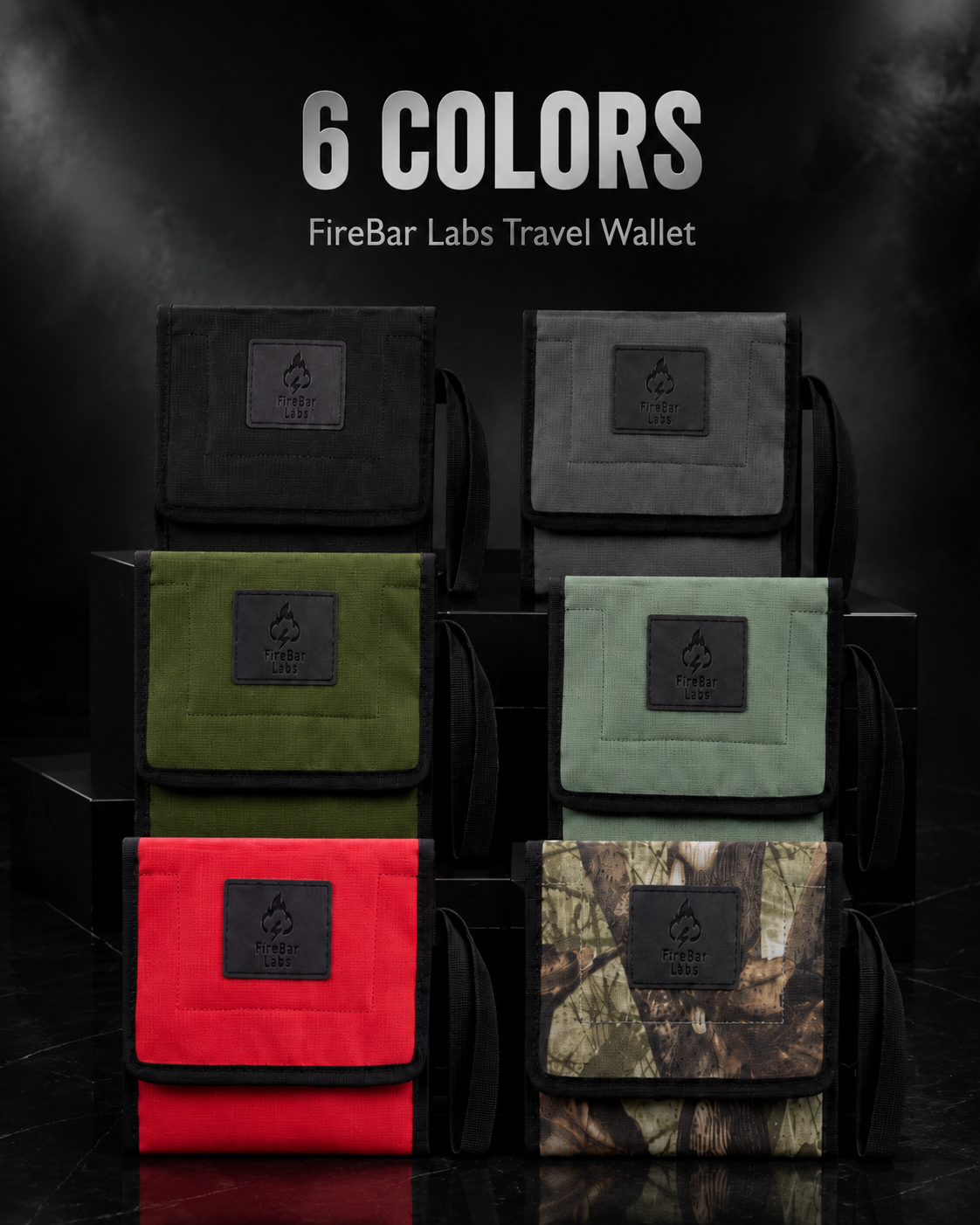 FireBar Labs Travel Wallet Color Lineup — 6 colors of FireBar Labs wallets