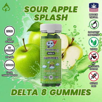 FireBites 25mg Delta 8 All Natural Gummies - 750mg - FireBar Labs - Sour Green Apple