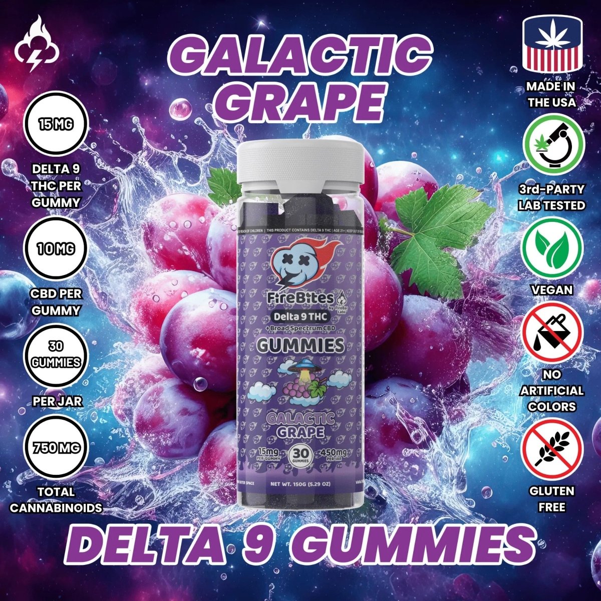 FireBites Delta 9 Gummies - Galactic Grape (15mg D9 + 10mg CBD) - FireBar Labs - 