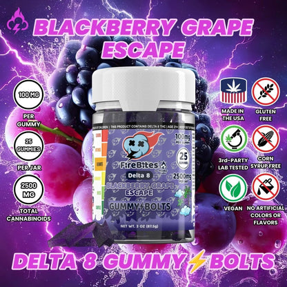 🎁 FireBites Gummy Bolts 100% All - Natural Delta 8 Gummies (100% off) - FireBar Labs - Blackberry Grape Escape