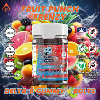 FireBites Gummy Bolts 100% All - Natural Delta 8 Gummies - FireBar Labs - Fruit Punch Frenzy