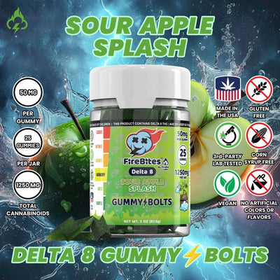 FireBites Gummy Bolts 100% All - Natural Delta 8 Gummies - FireBar Labs - Sour Apple Splash
