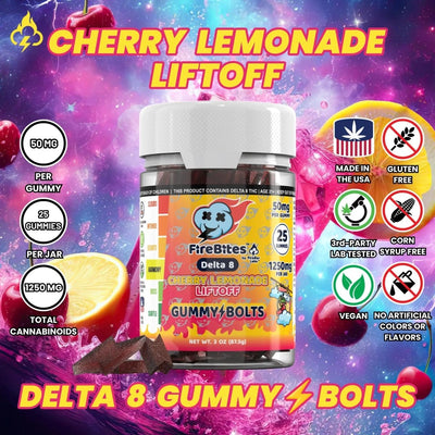 FireBites Gummy Bolts 100% All - Natural Delta 8 Gummies - FireBar Labs - Lemon Cherry Liftoff