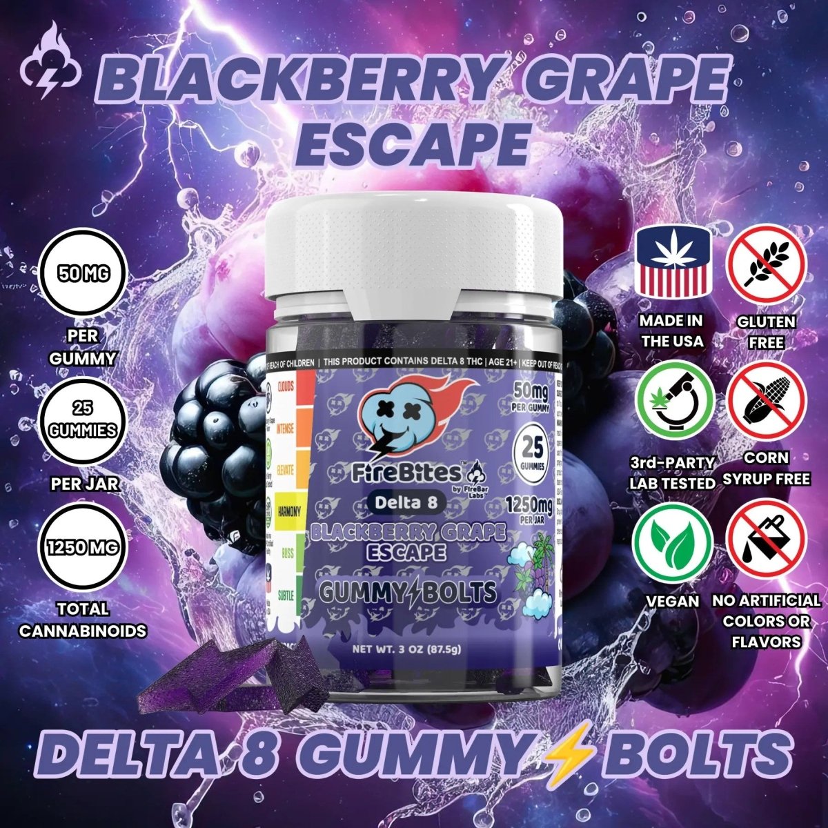 FireBites Gummy Bolts 100% All - Natural Delta 8 Gummies - FireBar Labs - Blackberry Grape Escape