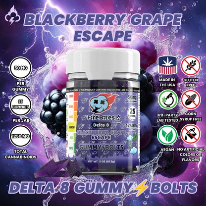 FireBites Gummy Bolts 100% All - Natural Delta 8 Gummies - FireBar Labs - Blackberry Grape Escape