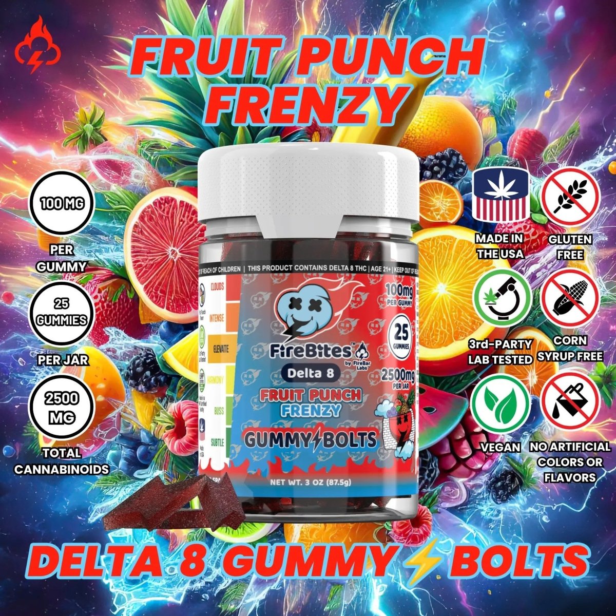 FireBites Gummy Bolts 100% All - Natural Delta 8 Gummies - FireBar Labs - Fruit Punch Frenzy