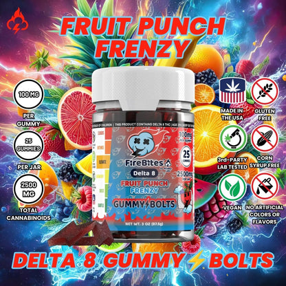 FireBites Gummy Bolts 100% All - Natural Delta 8 Gummies - FireBar Labs - Fruit Punch Frenzy