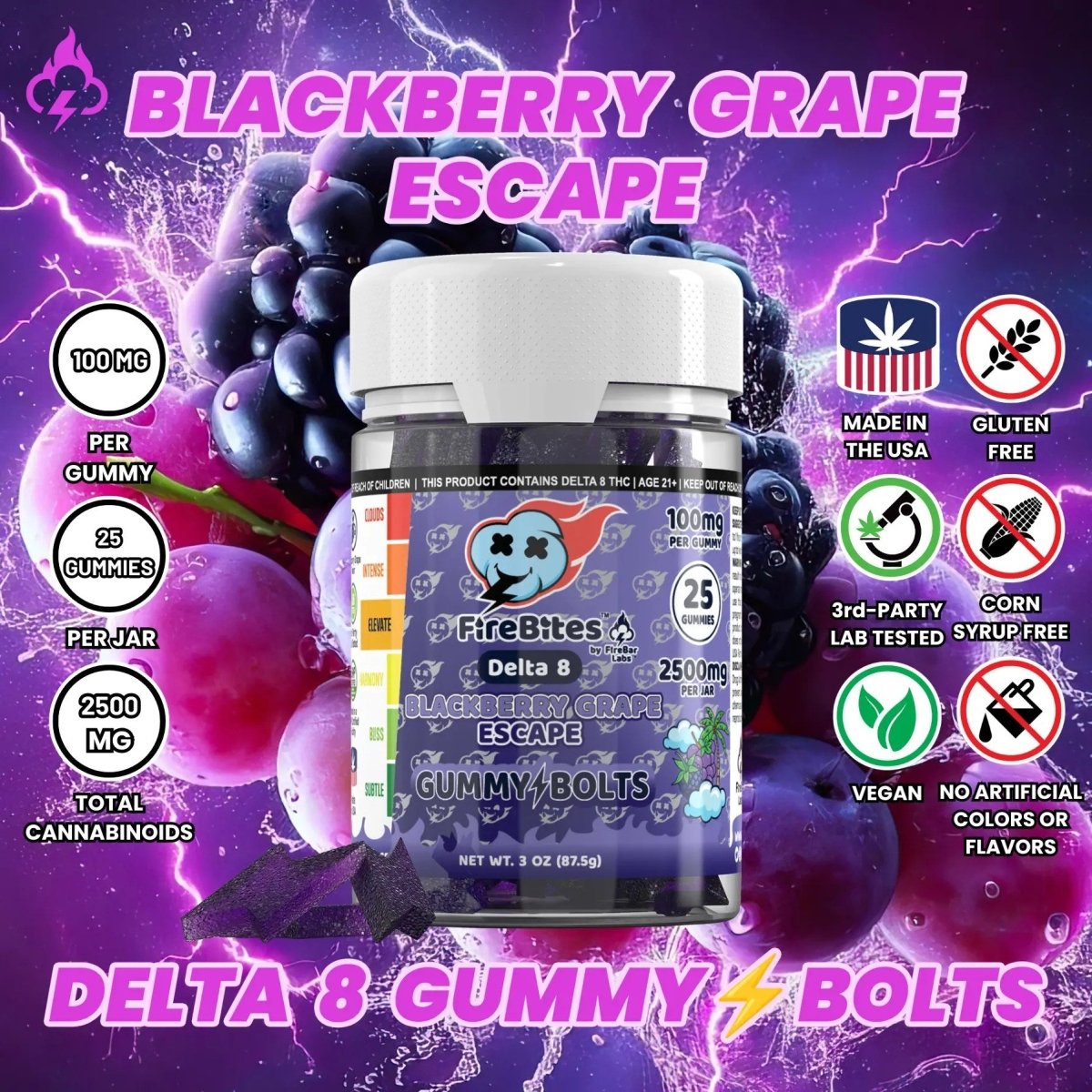 FireBites Gummy Bolts 100% All - Natural Delta 8 Gummies - FireBar Labs - Blackberry Grape Escape