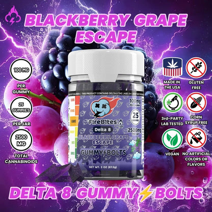 FireBites Gummy Bolts 100% All - Natural Delta 8 Gummies - FireBar Labs - Blackberry Grape Escape