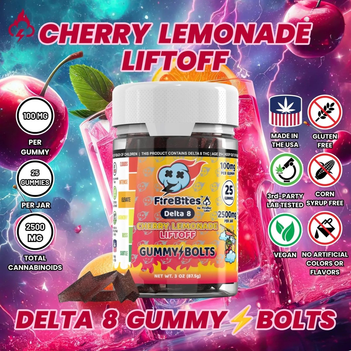FireBites Gummy Bolts 100% All - Natural Delta 8 Gummies - FireBar Labs - Lemon Cherry Liftoff