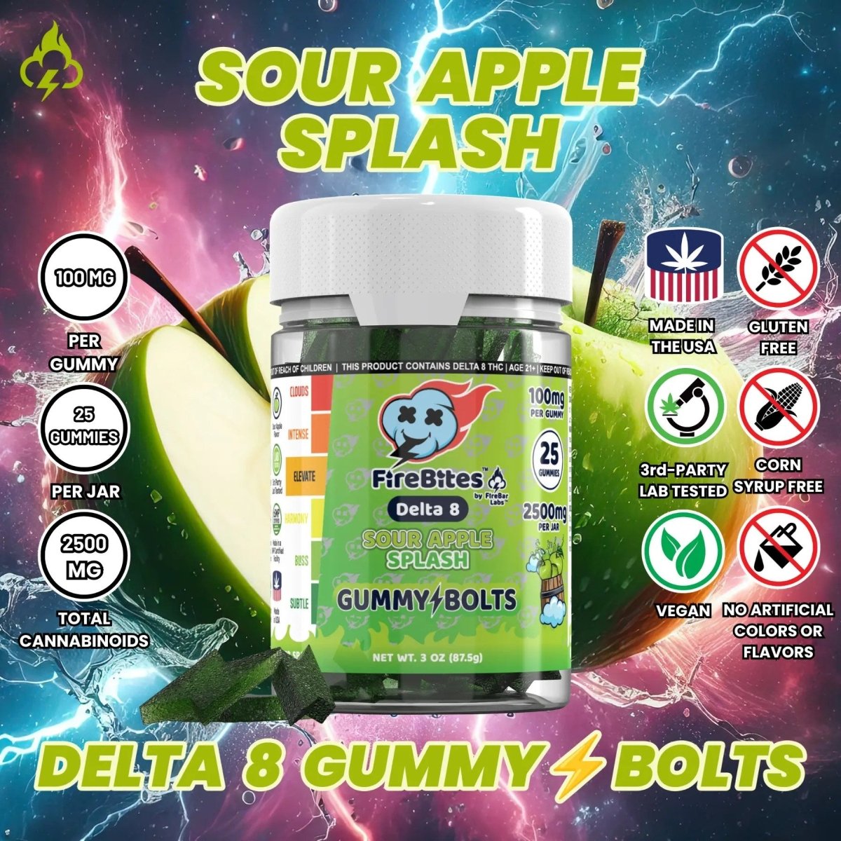 FireBites Gummy Bolts 100% All - Natural Delta 8 Gummies - FireBar Labs - Sour Apple Splash