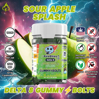 FireBites Gummy Bolts 100% All - Natural Delta 8 Gummies - FireBar Labs - Sour Apple Splash