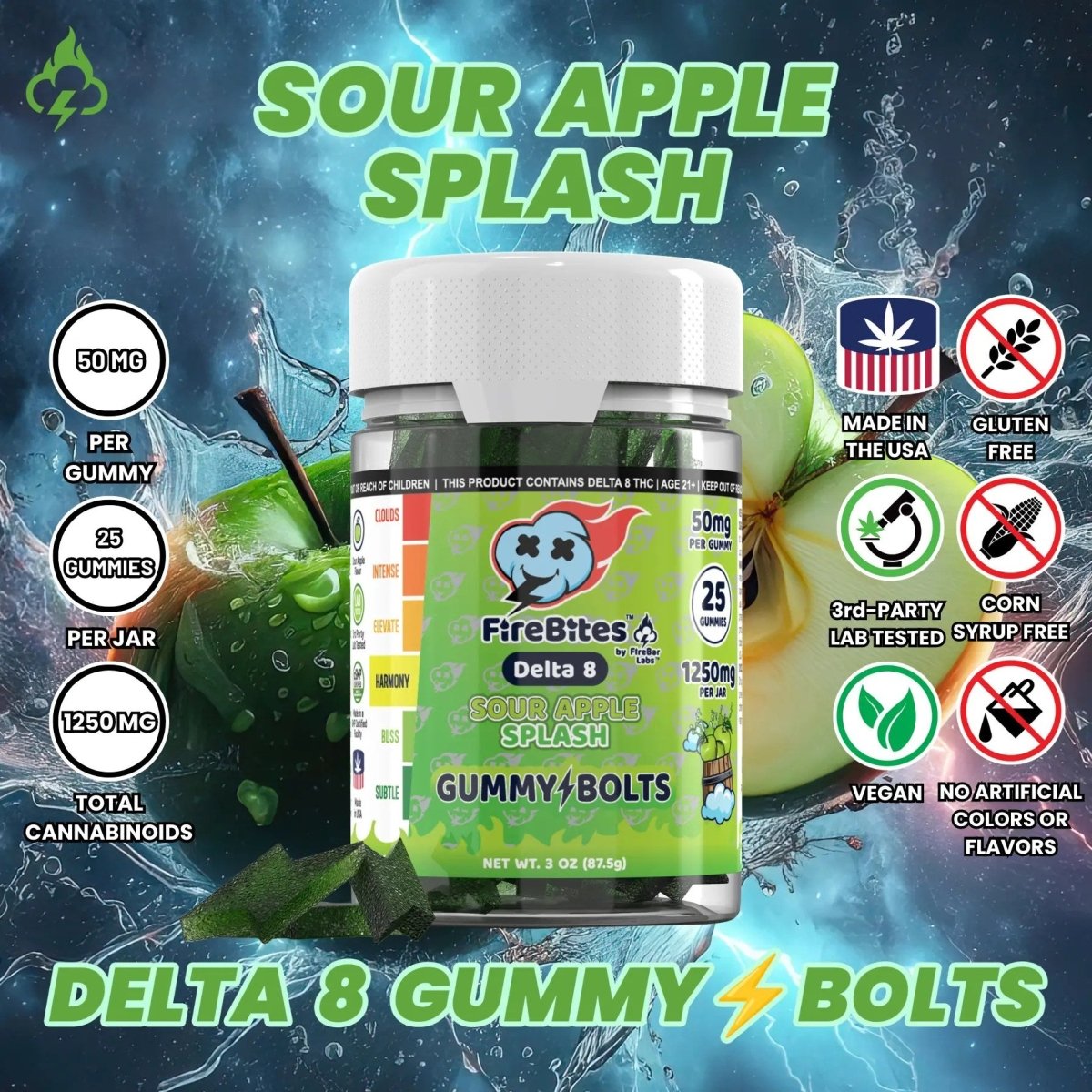 FireBites Gummy Bolts 100% All - Natural THC Gummies - FireBar Labs - Sour Apple Splash