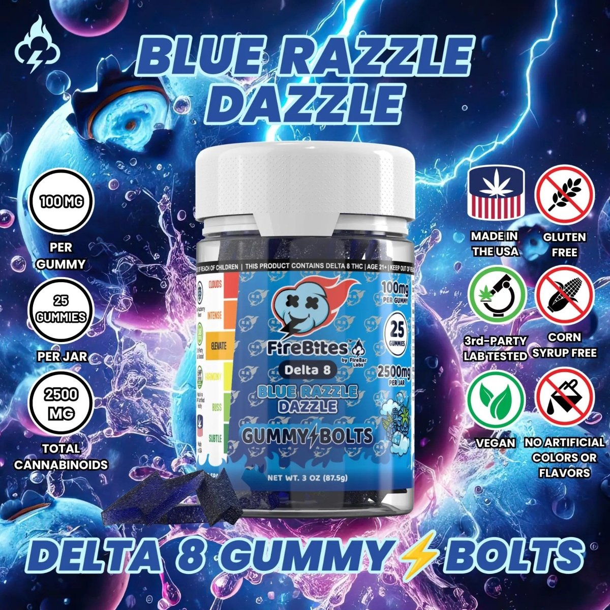 FireBites Gummy Bolts 100% All - Natural THC Gummies - FireBar Labs - Blue Razzle Dazzle