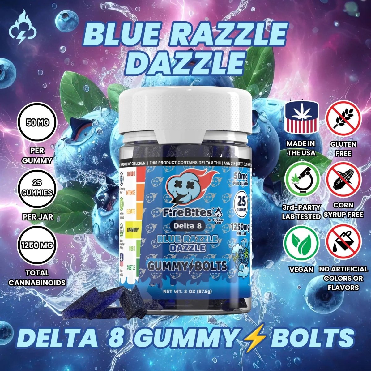 FireBites Gummy Bolts 100% All - Natural THC Gummies - FireBar Labs - Blue Razzle Dazzle