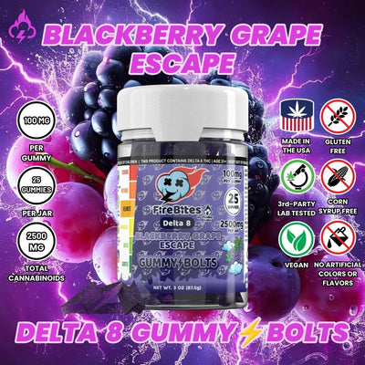 FireBites Gummy Bolts 100% All - Natural THC Gummies - FireBar Labs - Blackberry Grape Escape