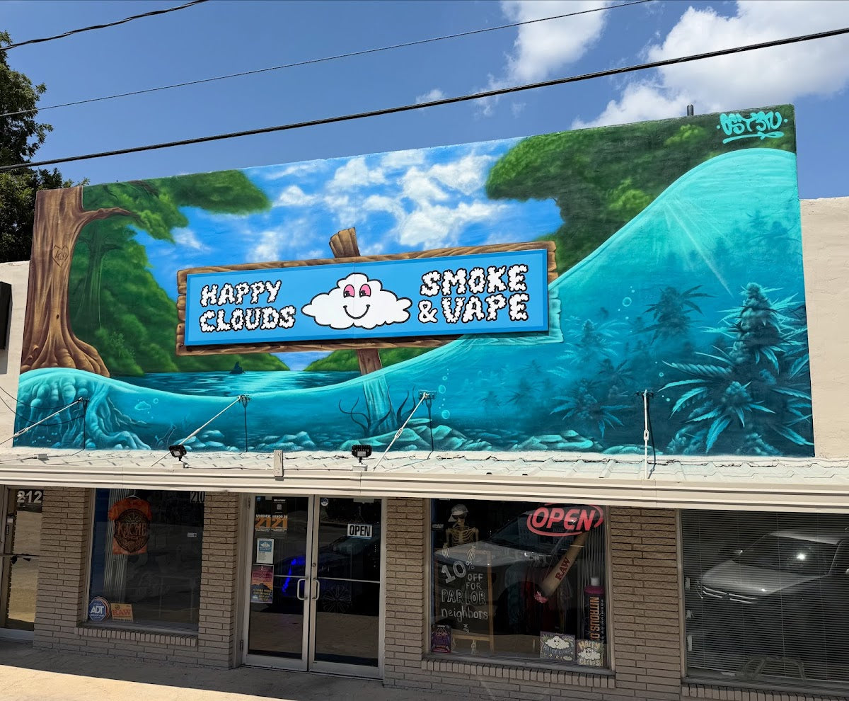 Happy Clouds Smoke Shop storefront in San Marcos, TX
